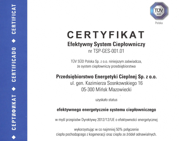 Certyfikat dla PEC za efektywy system ciepłowniczy