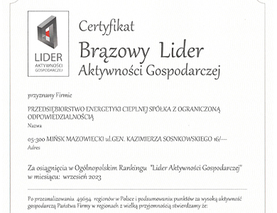 Certyfikat dla PEC za Brązowego Lidera Aktywności Gospodarczej