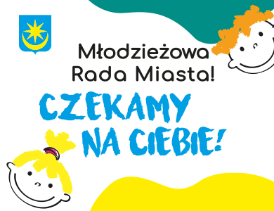 Na białym tle napis Młodzieżowa Rada Miasta, Czekamy na Ciebie. Dwa rysunki buziek chłopca i dziewczynki