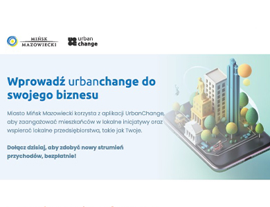 Na błękitnym tle po prawej rysunek miasta 3D, po lewej informacje