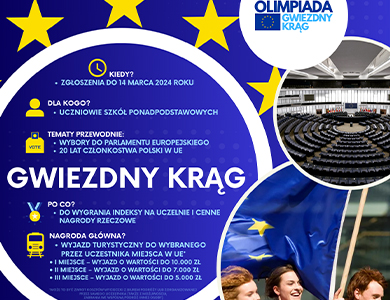 Na niebieskim tle w kole informacje na temat XIX Ogólnopolskiej Olimpiady wiedzy o Unii Europejskiej