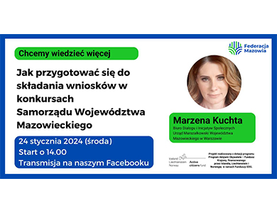 Na białym tle informacje. Z prawej w kole zdjęcie twarzy kobiety. Logo Federacji Mazowia.