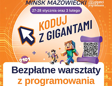 Na pomarańczowym tle w kole figurki z Minecraft. Hasło główne koduj z gigantami, bezpłatne warsztaty z programowania