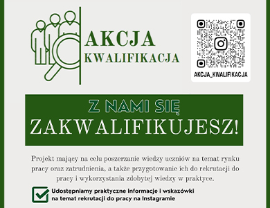 Na szarym tle informacje. Na górze kod QR tytuł Akcja kwalifikacja.