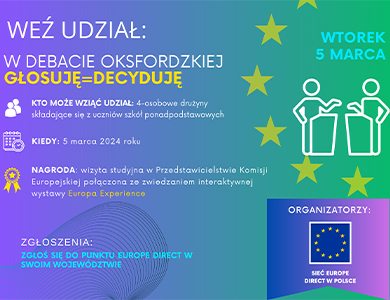 Kolory fiolet, niebieski, zielony. W prawym górnym rogu w półkolu pięć żółtych gwiazdek i rysunek dwóch postaci za pulpitami