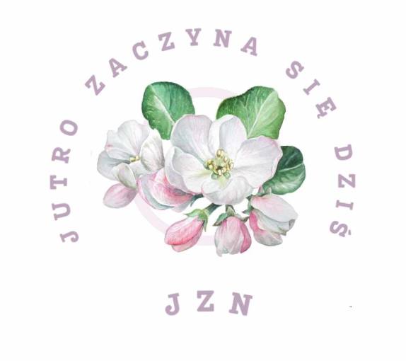 Kwiaty białe i lekko różowe oraz trzy zielone liście. Hasło: Jutro zaczyna się dziś