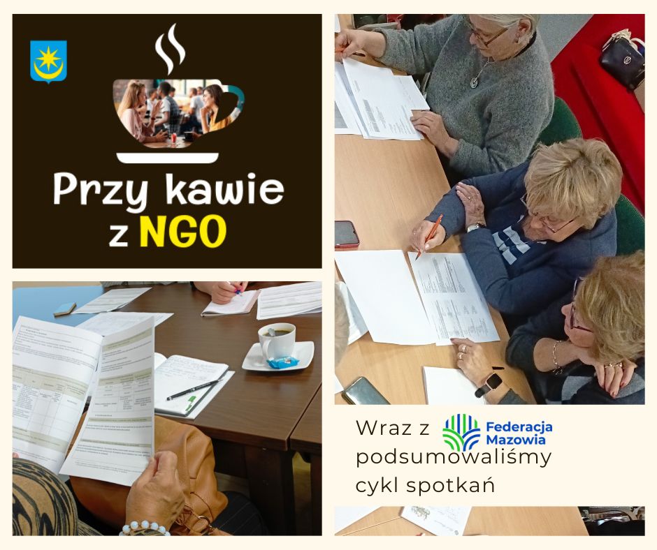 Kolaż zdjęć przy kawie z NGO. Osoby siedzą przy stole i analizują dokumenty