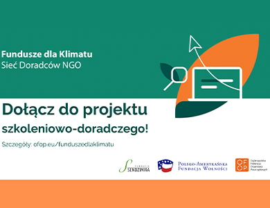 Biało-zielone tło. tytuł Fundusze dla Klimatu. Sieć doradców NGO. Dołącz do projektu szkoleniowo-doradczego