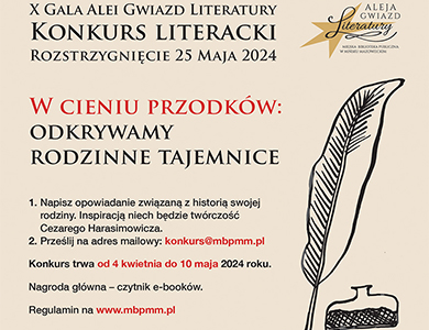 Na jasnym tle tekst, po prawej logo Alei Gwiazd Literatury, poniżej pióro i kałamarz.