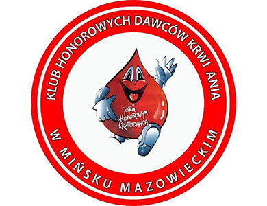 Koło z czerwoną ramką, w środku uśmiechnięta kropla krwi.