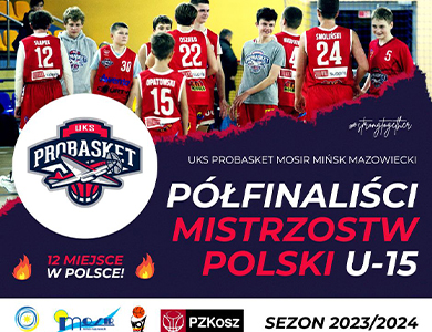 Na górze zdjęcie chłopców w czerwonych strojach sportowych. Poniżej na granatowym tle kolorowe informacje