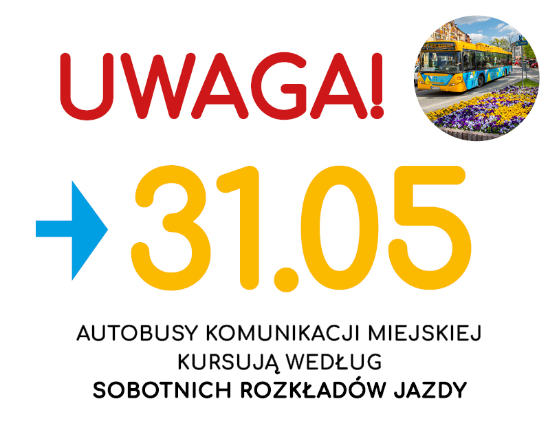 napis na środku plakatu, w górnym prawym rogu zdjęcie kolotowych kwiatów na tle autobusu