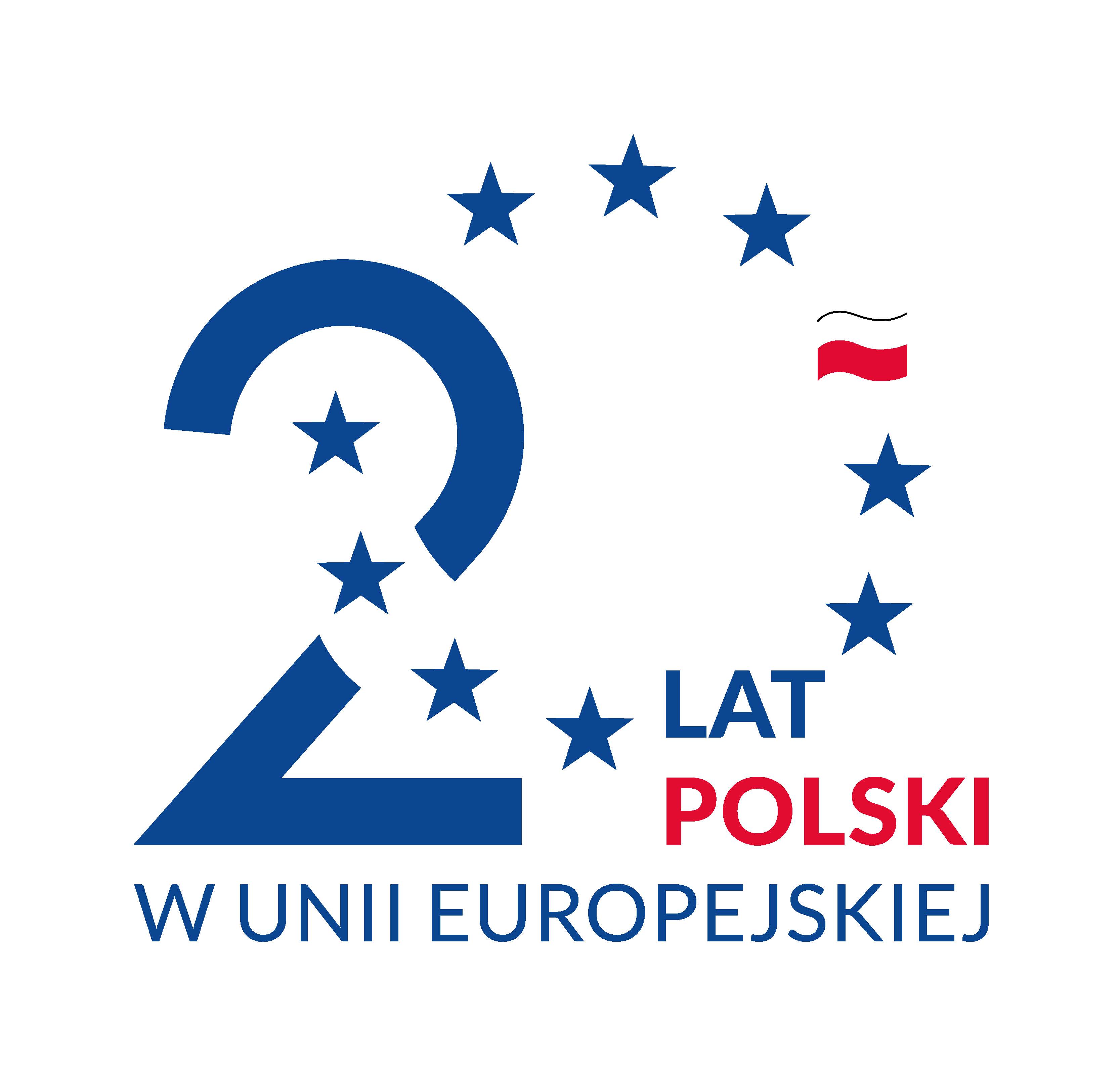 Na białym tle graficznie czerwono-grantaowe cyfry i litery: 20 lat Polski w Unii Europejskiej