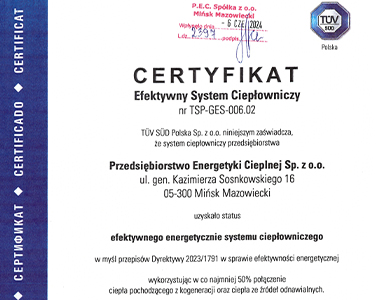 Certyfikat "Efektywny System Ciepłowniczy" dla PEC Sp. z o.o.