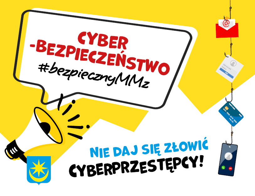 Na biało-żółtym tle informacje. Po prawej na haczykach karty, telefon. Po lewej megafon i logo miasta