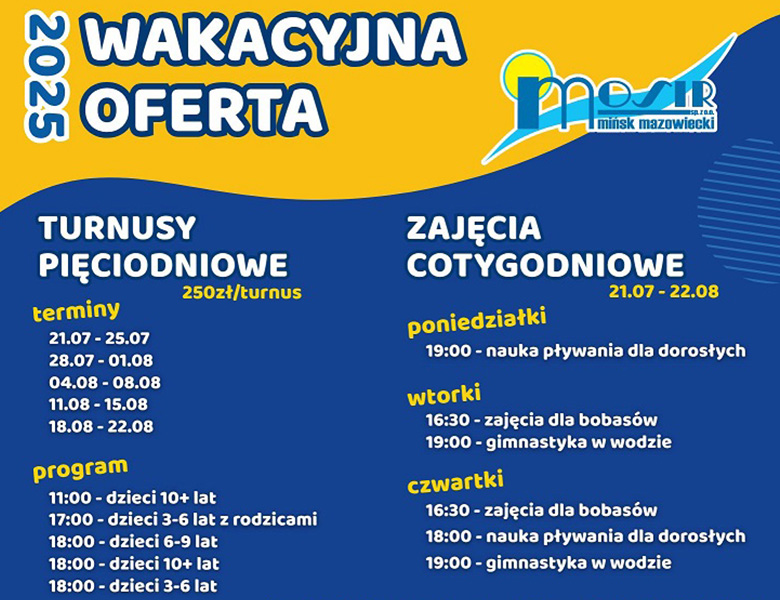 Informacje tekstowe na granatowym tle, na górze żółte elementy graficzne.