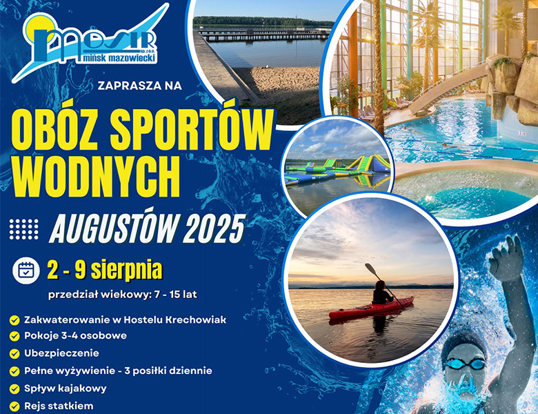 Na kolorowym tle informacje tekstowe, po prawej zdjecia, basenu, plaży nad jeziorem oraz kajaka.
