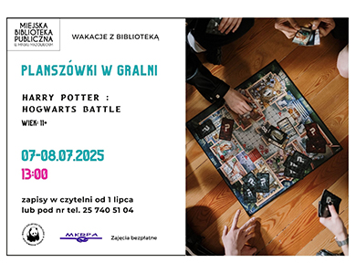 Po lewej na białym treść. Po prawej na drewnianej podłodze planszówka