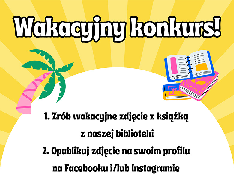 na zółtym tle tekst w białym półkole, wyżej grafika z aparatem, palmą, zeszytami i książkami