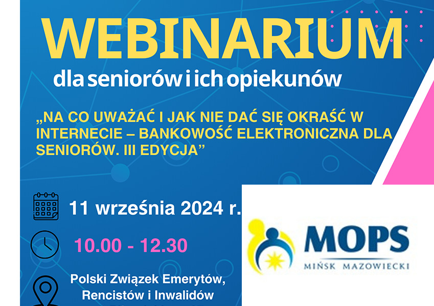 Napisy na granatowym tle, w prawym dolnym rogu na białym tle zółto-niebieskie logo MOPS.