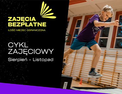 Po lewej na czarnym tle tekst. Po prawej zdjęcie chłopca skaczaćego pobarierce na hali sportowej