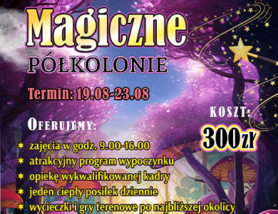 Kolorowy tekst na tle kolorowego, magicznego lasu z drzewami i grzybami.