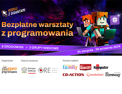 Na ciemno-fioletowym minecraftowym tle z prawej dwie postacie z minecrafta. Na dole loga