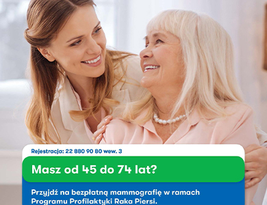 Na dole na koloroym tle kolorowe informacje. W tle zdjęcie młodej i starszej kobiety uśmiechniętych, patrzących na siebie