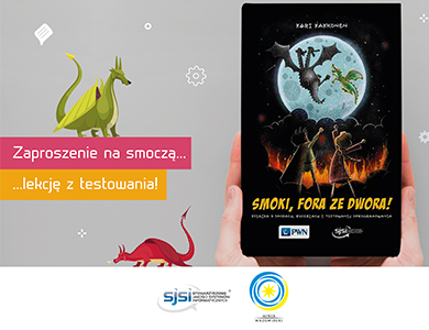 Po lewej na szarym tle dwa kolorowe smoki i informacje. Po prawej ciemna okładka książki z tytułem Smoki, fora ze dwora trzymana w dłoniach