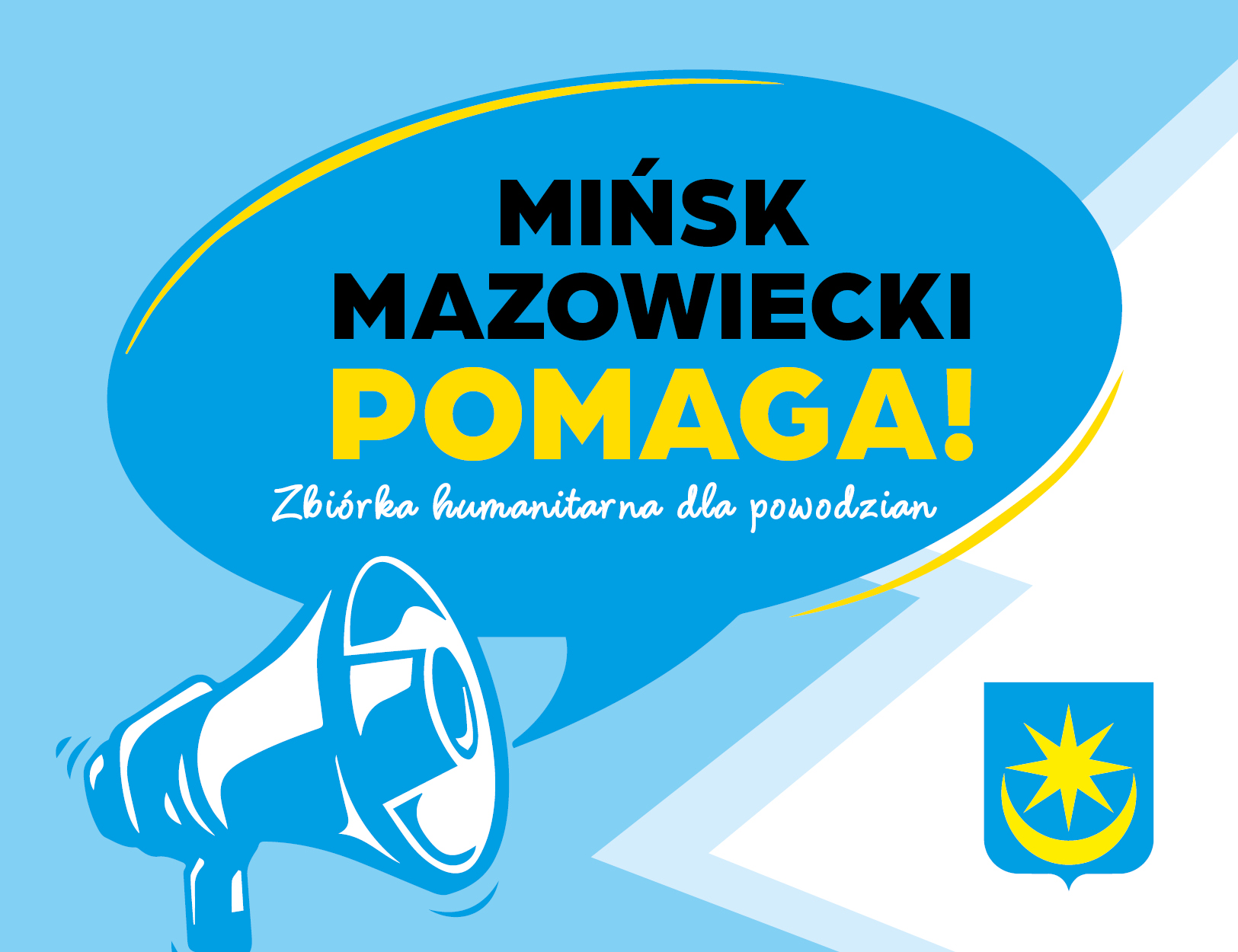 Na biało-niebieskim tle informacje. Po lewej niebieski megafon