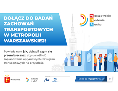 Na białym i niebieskim tle informacje. Po prawej w tle szary rysunek pałacu kultury, pod nim kolorowy rysunek ludzi w metrze