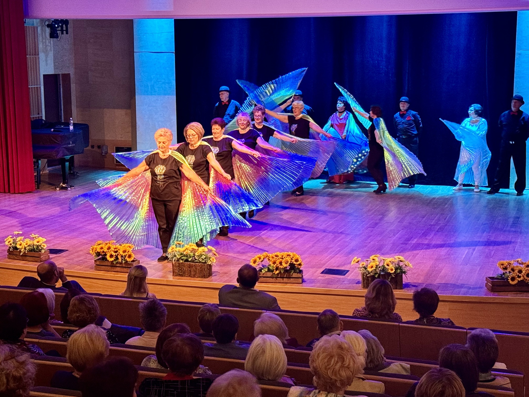 Sala koncertowa. Na scenie występują seniorzy w czarnych ubraniach i przyczepionymi dużymi świecącymi skrzydłami motyli. Na przodzie widownia