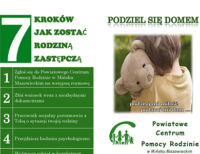 Po lewej na zielonym tle informacje. Po prawej tyłem dziecko tulące jasnego misia