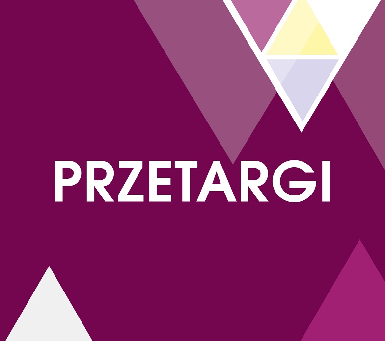 Na bordowym tle po środku napis przetargi. Na górze i na dole trójkąty