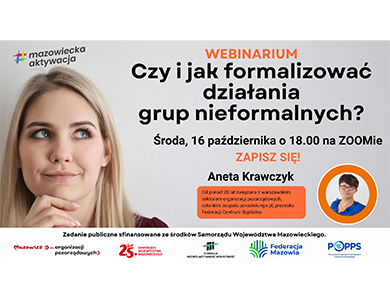 Na szarym tle po lewej zamyślona kobieta. Po prawej informacje. W dolnym rogu w kole zdjęcie profilu kobiety w okularach