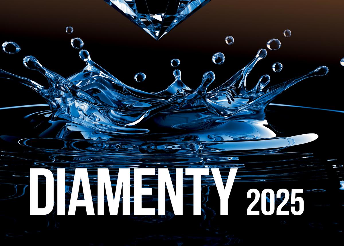 Na czarnym tle plusk kropli wody tworzący zarys korony. Na dole biały napis diamenty 2025