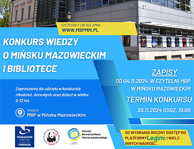 Po środku na niebieskim tle informacje. Na górze wycinek zdjęcia budynku miejskiej biblioteki w ciągu dnia