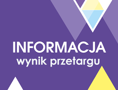 Na fioletowym tle po środku napis informacja wynik przetargu. Na górze i na dole trójkąty