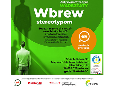 Na zielonym tle informacje. Po lewej na dole postac mężczyzny stojącej tyłem