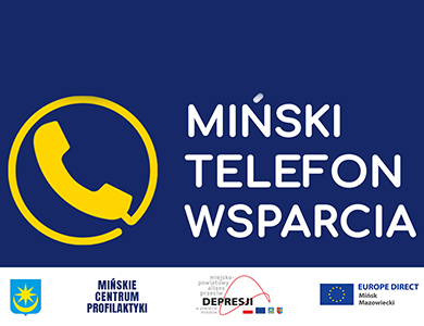 Na granatowym tle napis Miński telefon wsparcia. Po lewej żółta słuchawka. Na dole na białym tle loga