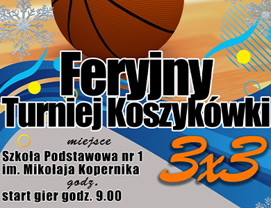 Na kolorowym tle informacje. Na górze zdjęcie wycinek piłki do kosza.