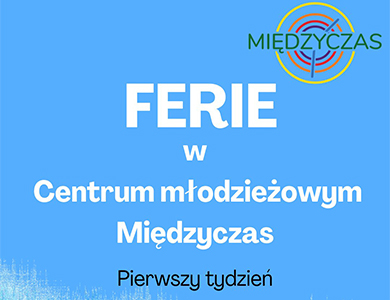 Na niebieskim tle informacje. W górnym prawym rogu logo międzyczas, kolorowe kółka