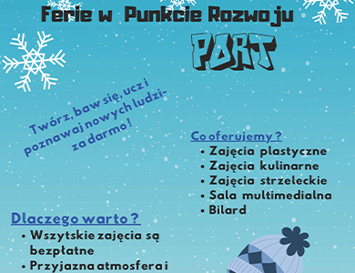 Na niebieskim tle informacje. Na górze płatki śniegu. Na dole zarys zimowej czapki.