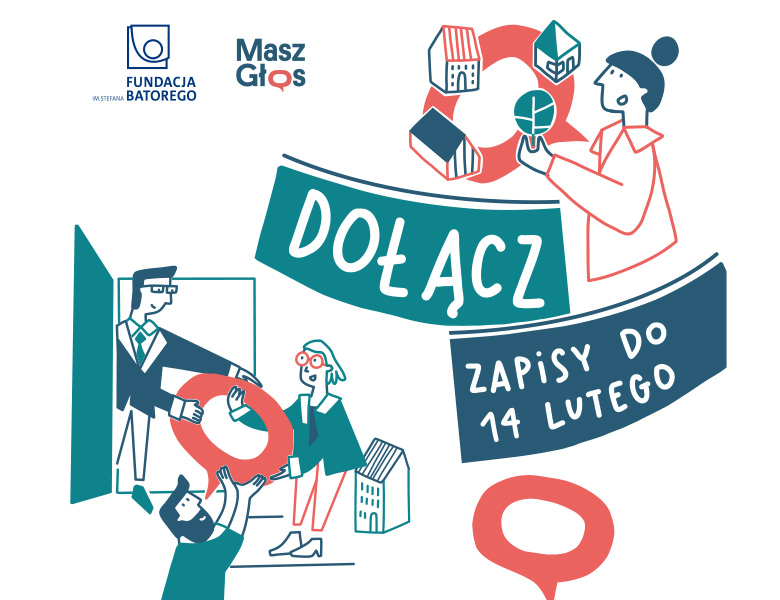 Napis: dołącz zapisy do 14 lutego na tle kolorowych grafik z wizerunkami współpracujących ludzi.