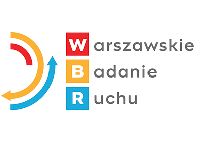 Na białym tle po lewej półkole ze strzałek niebieskiej, czerwonej i żółtej. Po środku trzy kwadraty czerwony, żółty, niebieski. Napis Warszawskie badanie ruchu