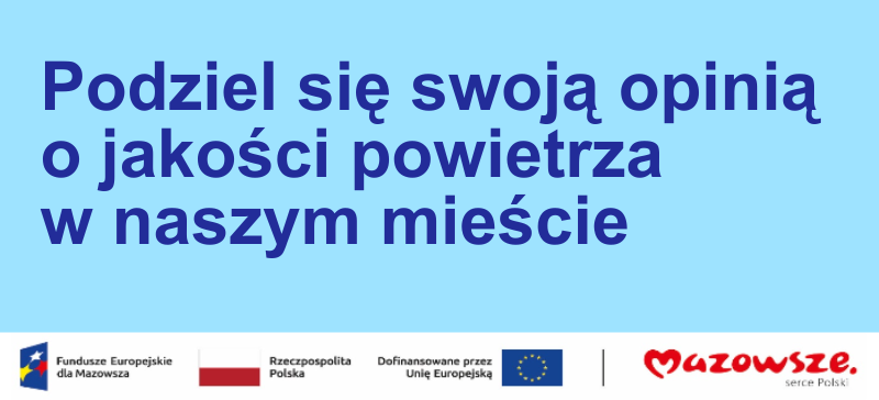 Na niebieskim tle informacje. Na dole na białym passku loga