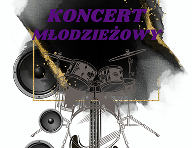 Czarna plama na górze. Na niej fioletowy napis koncert młodzieżowy