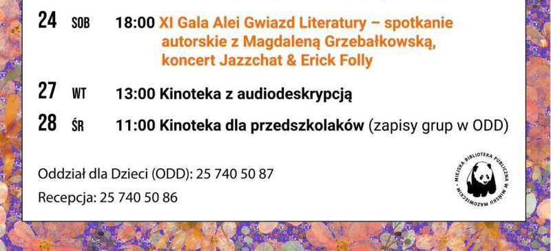 Na białym tle tekst z harmonogramem wydarzeń. Po obu stronach i na dole kolorowa obramówka