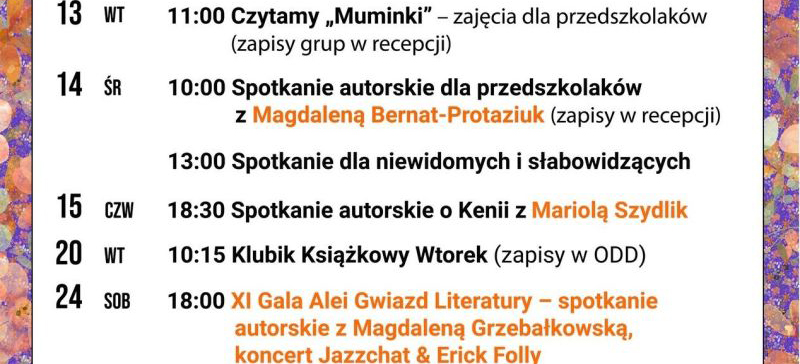 Na białym tle tekst z harmonogramem wydarzeń. Po obu stronach kolorowa obramówka