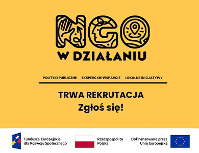 Na żółtym tle informacje. Na dole na bialym pasku loga